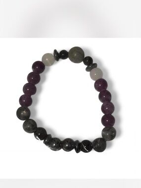 Zen Gemstone Beaded Stretch Bracelet in Purple, Gray and White